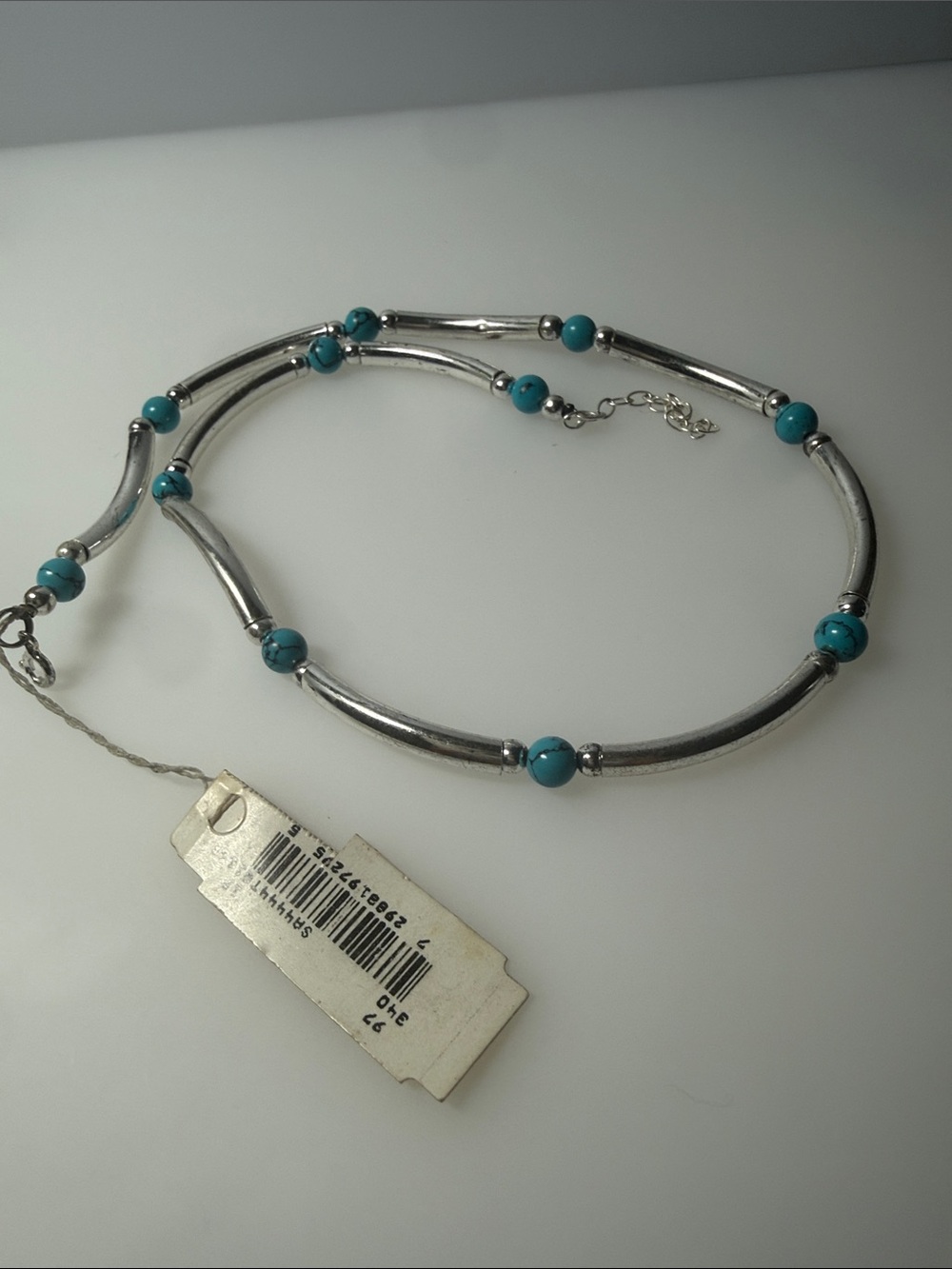 Lord & Taylor 925 Silver Tube Necklace with Turquoise Tone Bead Accents